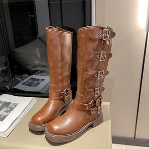 Cavalier dames mode Western 711 Cowboy Retro Square Toe Tall Metal Belt Boots Boots Femme 230923 492