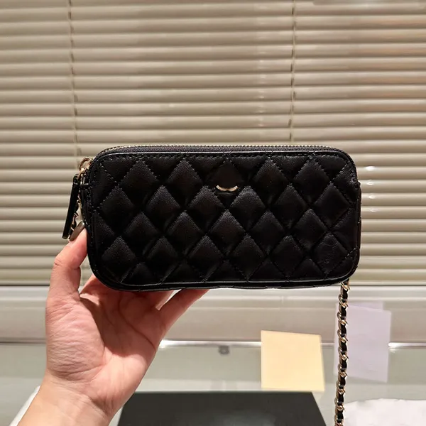 Caviar / Cuir d'agneau Femmes Designer Double Zipper Portefeuille Sac 19x10cm Matériel en métal doré Chaîne Matelasse Multi Pochettes Luxe Bandoulière Sac à main