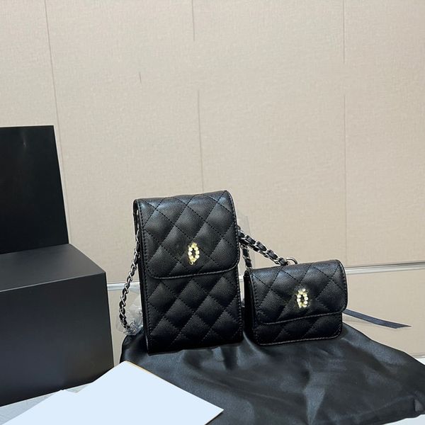 Caviar Leather Mini Flap Phone Holder Bolsas compuestas con monedero Silver Metal Wallet Chain Shoulder Messenger Black Luxury Designer Handbag 17cm para mujer
