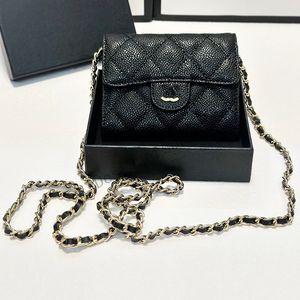 Caviar Leather Mini Square Flap Wallet Women Designer Bag Gold Hardware Email Buckle Luxe kaarthouder Portematelasse ketting 12x10cm schouderkruistas