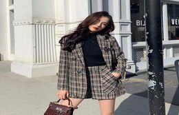 CBAFU Autumn hiver de haute qualité Femmes Blazer Shorts Suit Tweed 2 pièces Set à double poitrine