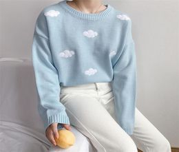 CBAFU nuages broderie bleu tricoté pull femmes à manches longues pulls amples décontracté Kawaii automne hiver pulls Harajuku F7733560526