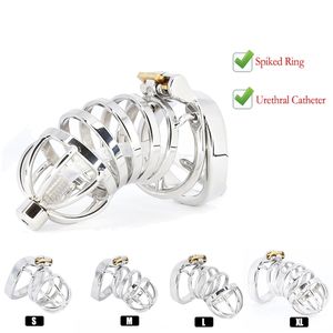 CBT Male Chastity Belt Device Stainless Steel Cock Cage Penis Ring Lock with Urethral Catheter Spiked Sex Toys For Men 211013