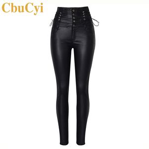CbuCyi taille haute vêtements pour femmes pantalon en cuir PU Skinny à lacets Moto Biker pantalons longs femme Stretch enduit Denim pantalon