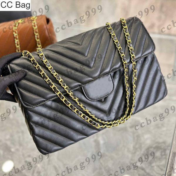 CC Bag 32CM Bolsos con solapa de puntada en forma de V Bolsos de mujer Bolso de cuero genuino marrón negro Herrajes de metal dorado vintage Cadena de cuero Street Trend Hombro Cross Body Wall