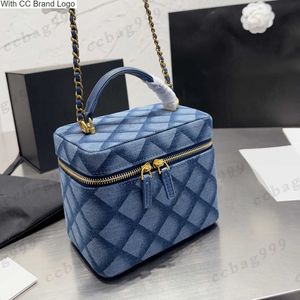 CC Brand Cross Body Designer Denim Cosmetic Case Sacs pour bébé avec dessus miroir Poignée en cuir matelassé en métal Fermeture à glissière Matériel Chaîne Bandoulière Vanity Femmes Luxuries Ha