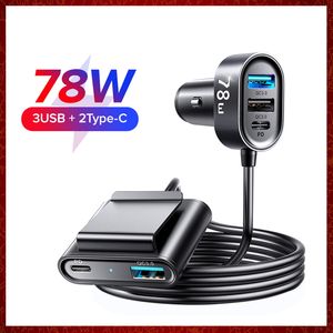 2022 78W 5-in-1 autolader snel USB-opladers PD 3.0 QC 4.0 PPS 25W Type C Multi-autoladingadapter met 1,5 m kabel opladen Automotive Electronics Car-Lading Gratis schip