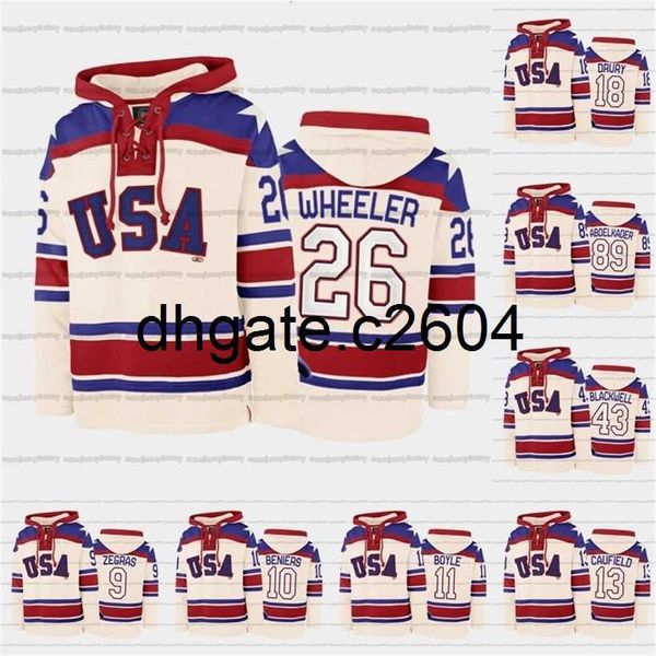 CC2604 A3740 USA Hockey Team Lace-Up Relate Hoodie Jersey Personnalisé 9 Trevor Zegras 26 Blake Wheeler 18 Jack Drury 43 Colin Blackwell 11 Brian Boyle 12 Alex