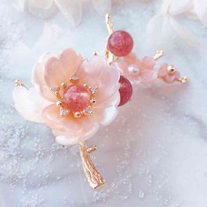 CCijiNG – broche en coquillage naturel sculpté en haute mer, perle, fraise, cristal, brindille, fleur, mignonne et ravissante, XZ3000