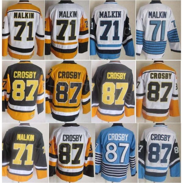 CCM Hockey 87 Sidney Crosby Retro Jerseys Retraite 71 Evgeni Malkin Vintage Classique Broderie Équipe Couleur Noir Blanc Bleu Jaune Pour Les Fans De Sport Pull Respirant