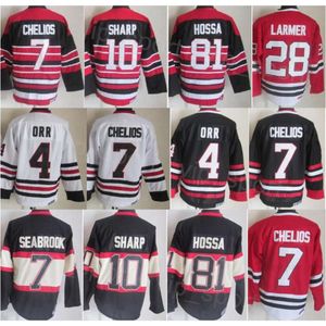 CCM Hockey Retro 10 Patrick Sharp Jerseys Retire 81 Marian Hossa 28 Steve Larmer 4 Bobby Orr 7 Chris Chelios 9 Bobby Hull Vintage Klassiek Zwart Rood Wit Borduursel