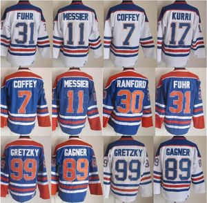 CCM Hockey Retro 17 Jari Kurri Jersey Retraite 99 Wayne Gretzky 31 Grant Fuhr 11 Mark Messier 30 Bill Ranford 7 Paul Coffey 89 Sam Gagner Bleu Blanc Vintage Classique Hommes