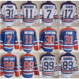 CCM Hockey Retro 17 Jari Kurri Jerseys Retraite 99 Wayne Gretzky 31 Grant Fuhr 11 Mark Messier 30 Bill Ranford 7 Paul Coffey 89 Sam Gagner Bleu Blanc Vintage Classique Hommes