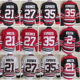 CCM Hockey Retro 21 Stan Mikita Jerseys Retire 2 Duncan Keith 35 Tony Esposito 27 Jeremy Roenick Zwart Wit Rood Teamborduurwerk Vintage Klassieke trui van puur katoen