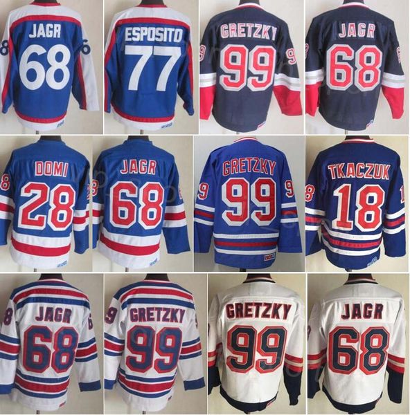 CCM Hockey Retro 28 Tie Domi Jersey Retraite 18 Walt Tkaczuk 99 Wayne Gretzky 68 Jaromir Jagr 77 Phil Esposito 91-92 Vintage Classic 75e Anniversaire Couture Bleu Blanc