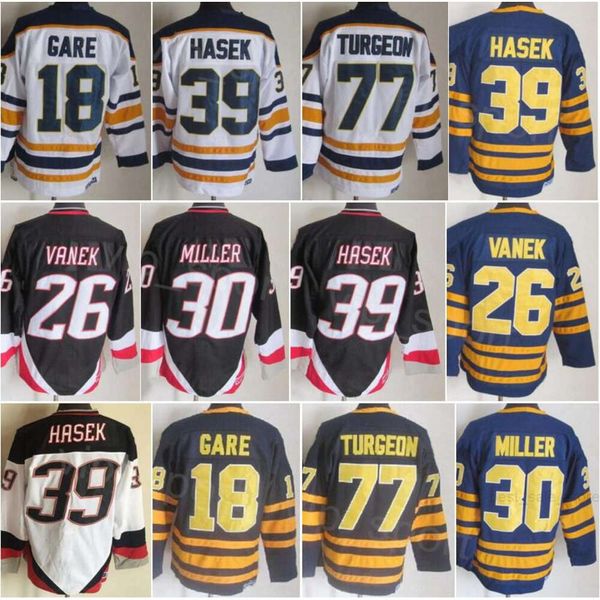 CCM Hockey Retro 30 Ryan Miller Jerseys Retirarse 39 Dominic Hasek 77 Pierre Turgeon 26 Thoma Vanek 18 Danny Gare 16 Pat LaFontaine 11 Perreault Vintage Navy Blanco Negro