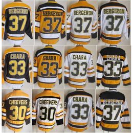 CCM Hockey Retro 37 Patrice Bergeron Jerseys Retire 30 Gerry Cheevers 33 Zdeno Chara 17 Milan Lucic 75 Jubileum Vintage Klassiek Zwart Wit Geel Ademend