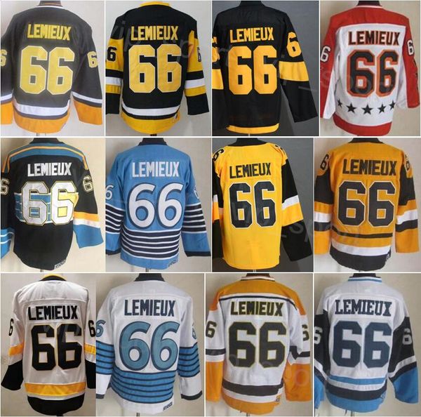 CCM Hockey Retro 66 Lemieux Vintage Jersey Retraite Classique Broderie Et Couture Pur Coton Pour Les Fans De Sport Pull Équipe Noir Blanc Bleu Jaune Respirant Haute