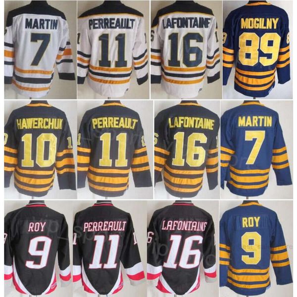 CCM Hockey Retro 7 Rick Martin Jerseys Retirarse 9 Derek Roy 10 Hawerchuk 11 Gilbert Perreault 89 Mogilny 16 Pat LaFontaine 39 Dominic Hasek Vintage Classic Stitched Top