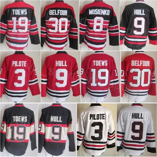 CCM Hockey Retro 9 Bobby Hull Jersey Retraite 8 Bill Mosienko 30 Ed Belfour 19 Jonathan Toews 3 Pierre Pilote 88 Patrick Kane Vintage classique cousu pour les fans de sport