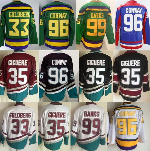 CCM Hockey Retro 96 Charlie Conway Jersey Retire 99 Adam Banks 35 Giguère 33 Greg Goldberg Vintage Classic 1993 Retire CCM Movie Broderie pour les fans de sport Haut/Haut