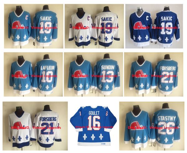CCM Vintage Quebec Nordiques Hockey Jersey 19 Joe Sakic 13 Mats Sundin 21 Forsberg 10 Guy Lafleur 16 Michel Goulet 26 Peter Stasy
