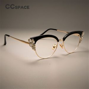 Ccspace prachtige dames kat oog glanzende strass bril frames voor vrouwen merk designer eyewear optische bril 45120