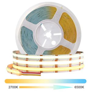 CCT COB LED Strip Lights High Density 608 LEDs/m Flexible Dimmable FOB Led Tape 2700K to 6500K Changeable LED Lighting DC12V 24V