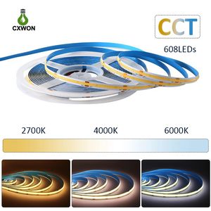 CCT COB Strip DC12V 24V CRI 90 Hoge dichtheid cob led strip licht 608 leds dimbaar 2700k-6500k 5mm 8mm 10mm voor Slaapkamer Keuken Thuis DIY Verlichting