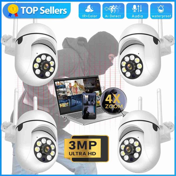 Objectif CCTV 3MP Caméras étanches extérieures Wifi 1/2 / 4PCS Caméra de sécurité de surveillance 4.0X Zoom Moniteur sans fil externe Piste Vision nocturne YQ230928