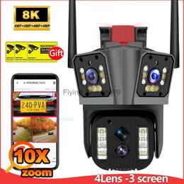 Objectif CCTV 8k 16MP WiFi Caméra Extérieure 360 Visualisation Quatre Objectifs Double Écran Caméra de Sécurité 10X Zoom Mini Vidéo Surveillance P2P CCTV IP Cam YQ230928