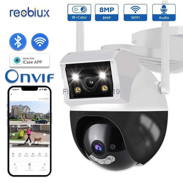 Objectif CCTV Reobiux Wifi PTZ Caméra 8MP Double Écran 3.6mm + 6mm IP Cam Caméra de Surveillance Extérieure H.265 Double Objectif Sécurité Protection Cam YQ230928