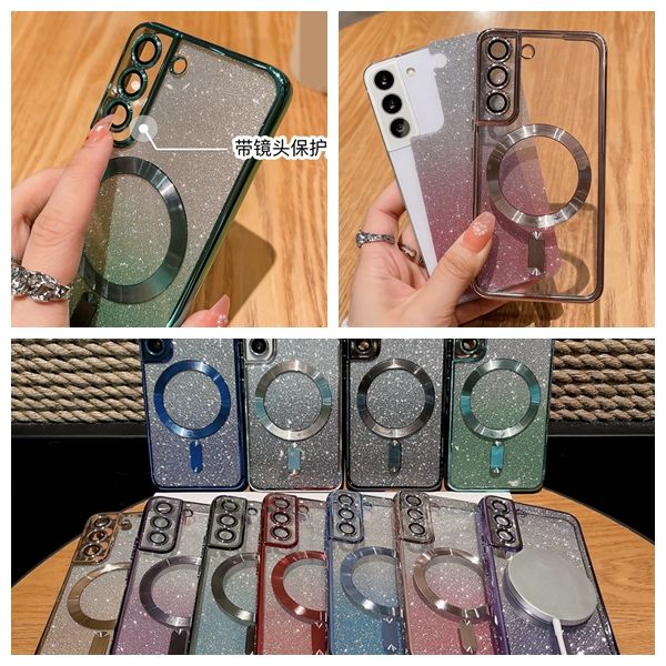 Étuis de charge sans fil CD Grain Magnet pour Samsung S23 Ultra S22 Plus S21 FE Bling Glitter Luxe Chromé Soft TPU Placage Protecteur d'objectif de caméra Fine Hole Cover Skin