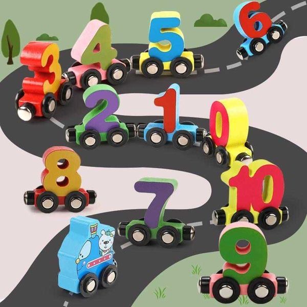 Coche de juguete ensamblado para niños de 1-2-3 años, tren pequeño magnético de tráfico con letras y números de madera Ce cpc