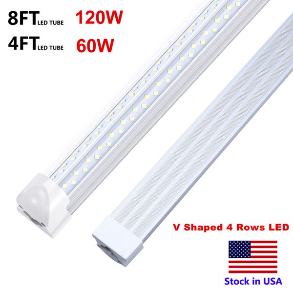 Stock aux États-Unis 8 pieds LED Shop Light Intégrer le luminaire 8ft 4ft T8 Tube Lights 4 Rangées 120W Lampes fluorescentes