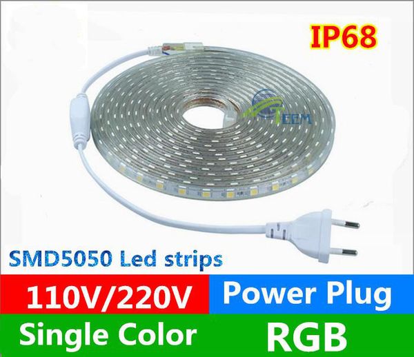 Iluminación LED CE RoHS AC 110V 220-240V Alto voltaje 100m Tiras de luces LED 5050 Impermeable 50m Tiras de luces LED + enchufe de EE. UU./UE