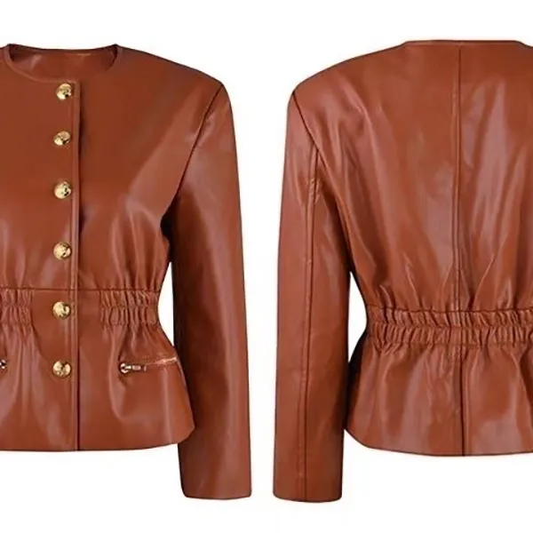 CE001 Haute Qualité Veste En Cuir O-cou Col Femmes Manteau Printemps Court Longueur Taille Style Unique Poitrine Nouvelle Arrivée Importation En Peau De Mouton