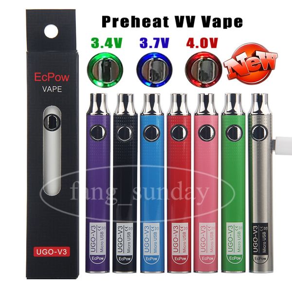 Original UGO V3 tension variable eCig eVod préchauffer VV eGo USB passthrough 510 fils batterie à huile épaisse 650 900 mAh Kit stylo vape