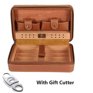 Cedar Wood Cigar Humidor Travel Portable Leather Cigar Case Cigars Box With Cutter Humidifier Humidor Box For