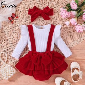 Ceeniu 0-12M Trajes de cumpleaños para bebés Niñas Top blanco y mono de terciopelo rojo Vestido Fiesta de festival Conjuntos de ropa para niñas 240226