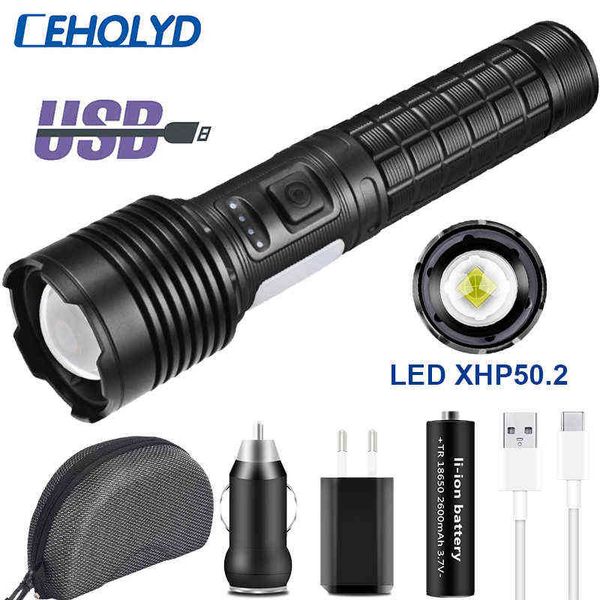 Ceholyd Linterna Led XHP50.2 Antorcha súper brillante Camping Caza Luz Aleación de aluminio Linterna impermeable con zoom para 18650 J220713