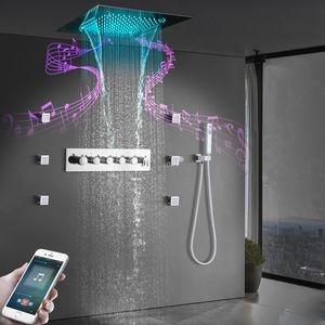 Set di rubinetti per doccia da bagno con corpo principale termostatico a soffitto, da 20 pollici, a LED, con musica, soffione a pioggia, cascata
