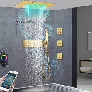 Cabezal de ducha Led de 23x15 pulgadas integrado en el techo con sistema de altavoz musical, juego de grifería de ducha termostática para baño, cascada de lluvia