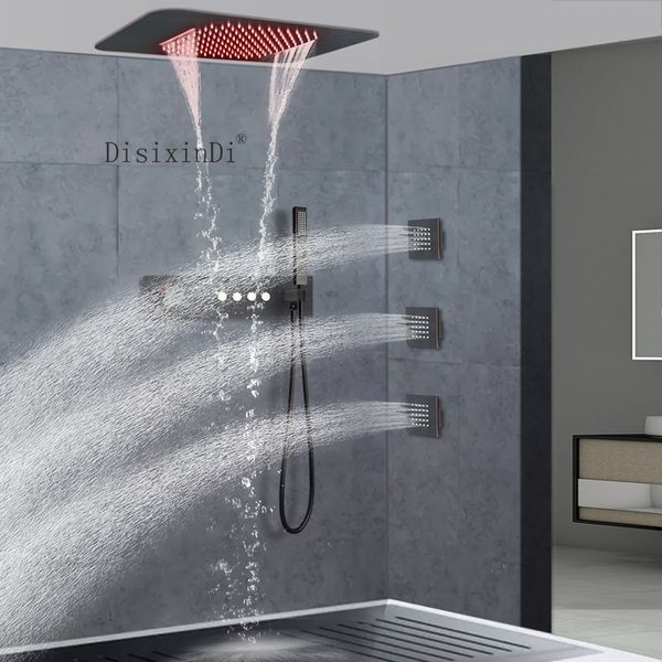 Pommeau de douche LED intégré au plafond, 23x15 pouces, avec haut-parleur musical, cascade de pluie, ensemble de robinets de douche thermostatiques pour salle de bains