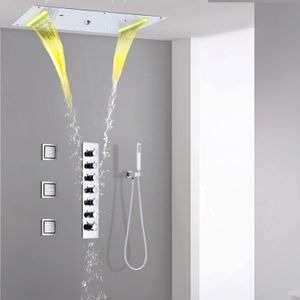 Pommeau de douche thermostatique LED intégré au plafond, 28x15 pouces, cascade, brume de pluie, salle de bains, ensemble de robinets de douche