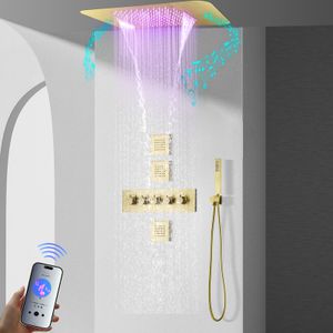 Pomme de douche musicale LED intégrée au plafond, 580x380mm, pluie et cascade, corps principal thermostatique, ensemble de robinets de douche en or brossé