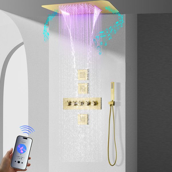Cabezal de ducha con música LED integrado en el techo, juego de grifo de ducha de Oro pulido de cuerpo principal termostático de lluvia y cascada de 580x380mm
