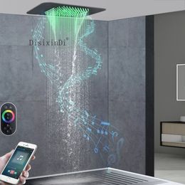 Plafond ingebed douchekop 304 roestvrij staal 23x15 inch regen en waterval LED -douchekop met muziekluidspreker