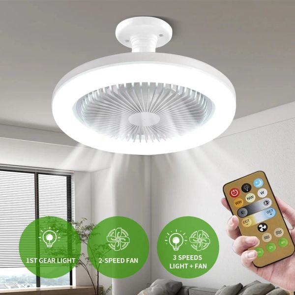 Ventilateurs de plafond avec télécommande et lumière ventilateur de lampe à LED E27 Base de convertisseur ventilateurs de plafond silencieux intelligents pour chambre salon