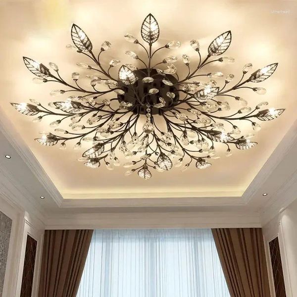 Luces de techo Lámpara de cristal de bronce negro en la sala de estar Lámpara de araña en forma de flor europea Lámparas de comedor de dormitorio LED